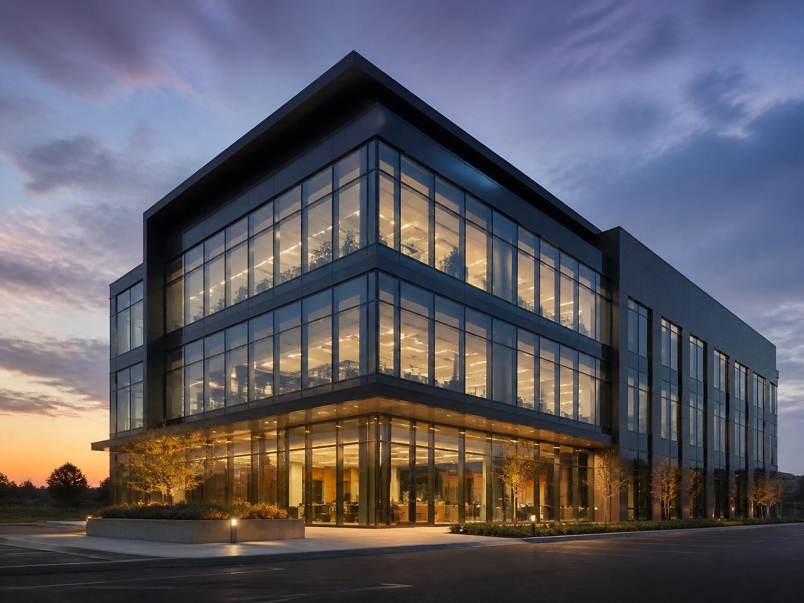 Modern commercial building exterior at dusk